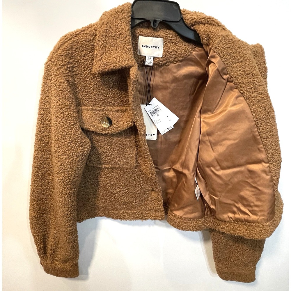 Industry Brown Bear Faux Fur Teddy Cropped Jacket Sherpa Shacket Small NWT - Picture 4 of 12